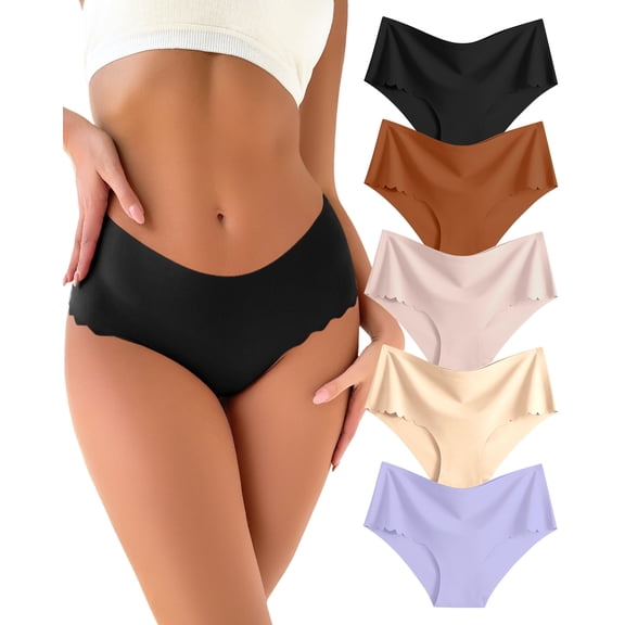 CuteByte Seamless Underwear for Women Silky Stretch No Show Bikini Briefs High Waisted Cheeky Scalloped Edge Breathable Ladies Panties 5 pack M