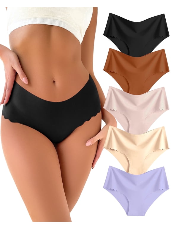 Seamless Underwear for Women No Show Bikini Briefs Cheeky Scalloped Edge Ladies Panties 5 pack M