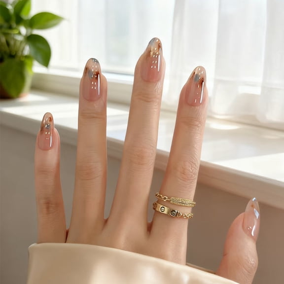 CuteHelper Amber Tortoise Shell Press-On Nails - 24PCS Long Almond, Glossy French Tip Art with Metallic Accents, Non-Toxic & Reusable