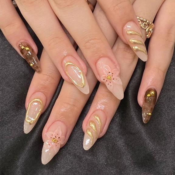 CuteHelper Blush Tortoise Shell Press-On Nails - 24PCS Long Almond, Glossy Raised Floral & Gold Accents, Non-Toxic & Reusable