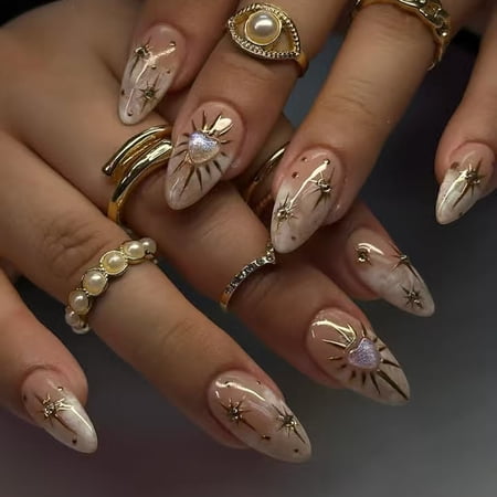 CuteHelper Celestial Nude Press-On Nails - 24PCS Long Almond, Glossy Translucent Finish, Gold Starburst & Rhinestone Accents, Salon Quality DIY