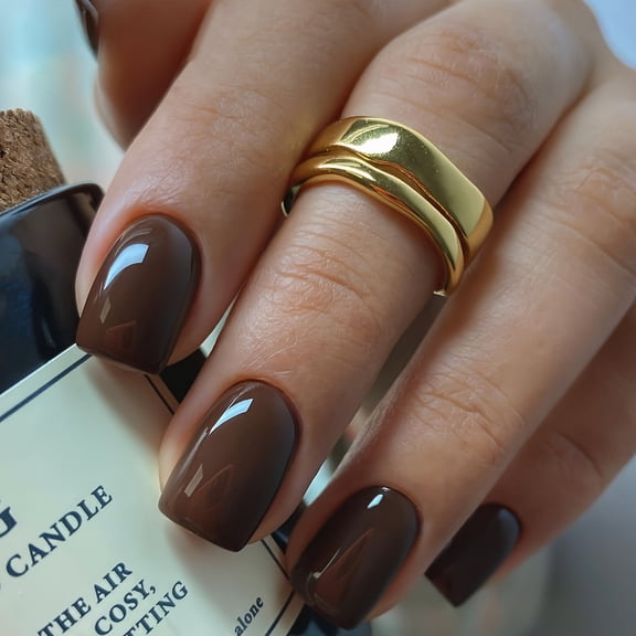 CuteHelper Mocha Brown Press-On Nails - 24PCS Short Squoval, Glossy Minimalist Design, Salon Quality DIY