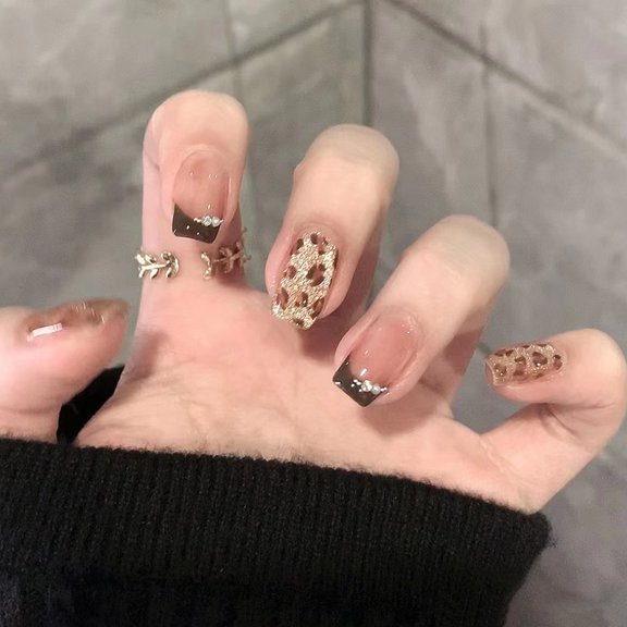 CuteHelper Mocha Chic Press-On Nails - 24PCS Medium Square, Brown French Tip & Leopard Print with Rhinestone Accent, Salon Quality DIY