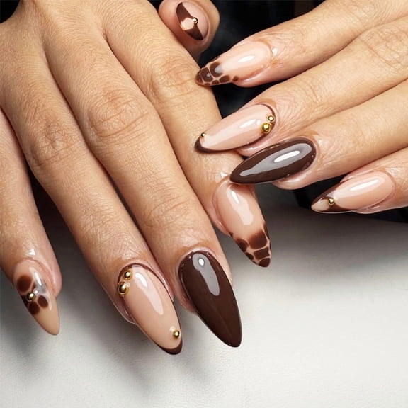 CuteHelper Mocha Tortoise Shell Press-On Nails - 24PCS Medium Almond, Glossy Gold Bead Accent, Non-Toxic & Reusable