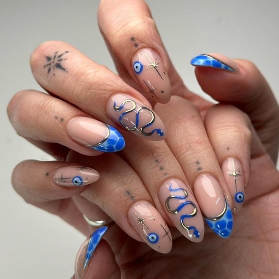 CuteHelper Mystic Cobalt Press-On Nails - 24PCS Medium Almond, Glossy French Tip with Snake & Evil Eye Art, Non-Toxic & Reusable