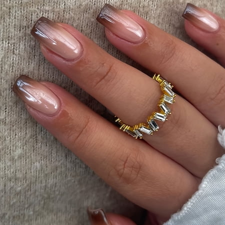 CuteHelper Nude Cocoa Edge Press-On Nails - 24PCS Long Coffin, Glossy Minimalist French Tip Design, Non-Toxic & Reusable