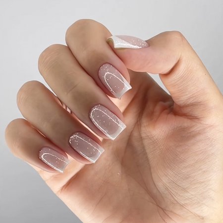CuteHelper Sheer Nude Ombre Press-On Nails - 24PCS Medium Square, Fine White Edge with Subtle Glitter, Non-Toxic & Reusable