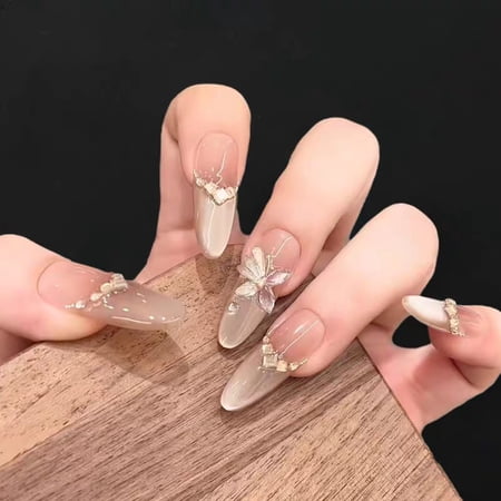 CuteHelper Sheer Nude Press-On Nails - 24PCS Medium Almond, Glossy Raised Butterfly & Rhinestone Detail, Salon Quality DIY