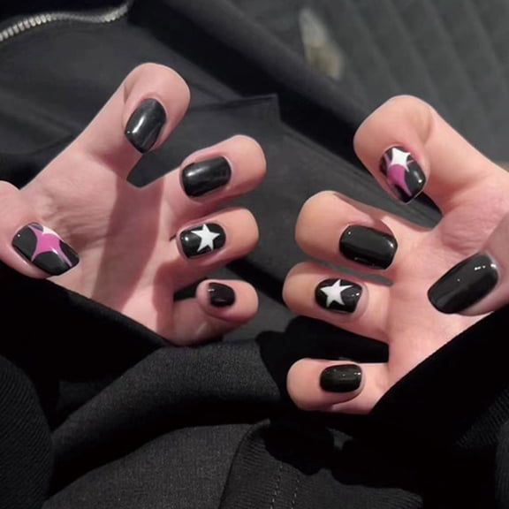 CuteHelper Sleek Black Star Press-On Nails - 24PCS Short Square, Glossy Pink & White Star Design, Salon Quality DIY