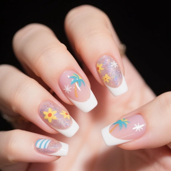 CuteHelper Tropical Floral Frenchies Press-On Nails - 24PCS Medium Long Square, Glossy Palm Tree and Flower Art, Salon Quality DIY