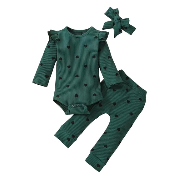 CuteKids Girl 3 Piece Outfit Set Heart Print Ruffled Sleeve Soft Cotton Bodysuit Pants Headband Army Green 0-3 3-6 6-9 9-12 12-18 Months,Size 9-12 Months