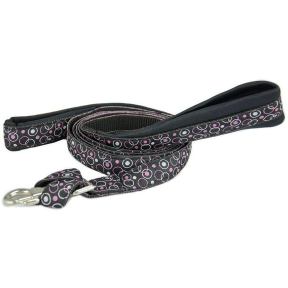 CuteNfuzzy Padded Double Handle Overlay Dog Leash Warranted Snap 1" X 4' Fun Designs- Black Retro Polka Dots