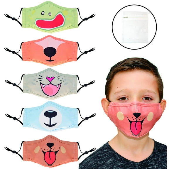 CuteRus Animal Kids Face Masks - Children Washable Reusable and Adjustable Face Cloth 5-Pack