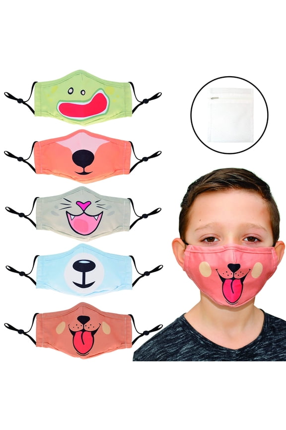 Animal Kids Face Masks - Children Washable Reusable and Adjustable Face Cloth 5-Pack