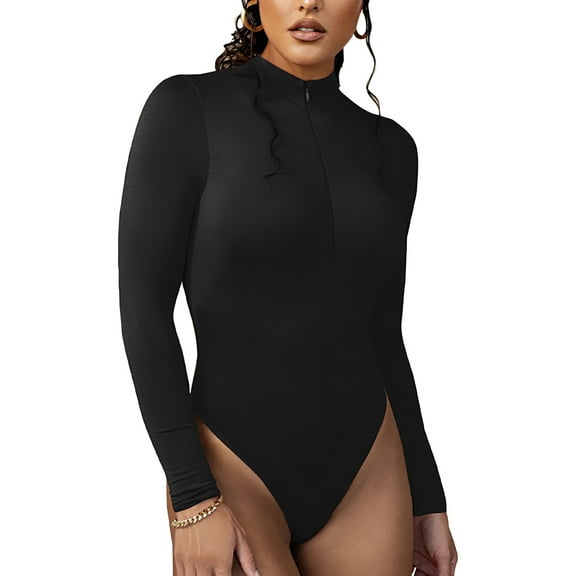 CuteStreet Women's Neck Zipper Design Bodysuit Long Sleeve Bodysuit Fleece Fabric Slim Fit Stretch Solid Bodysuit