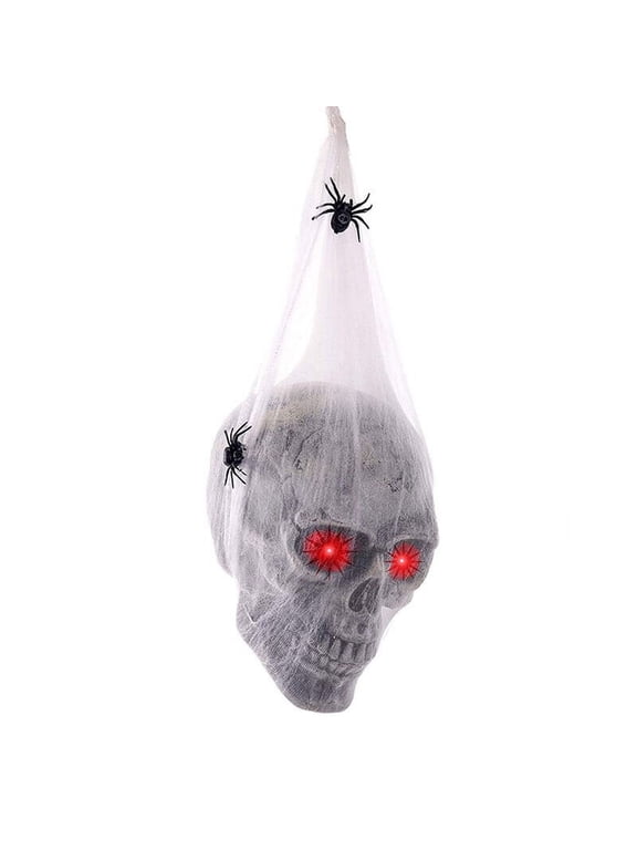 Halloween Skull Decor Spooky Voice Activated Skeleton Skull Ornament with LED Red Eyes & Spider Haunted House Decorative Props Halloween Party Decoration for Indoor Outdoor