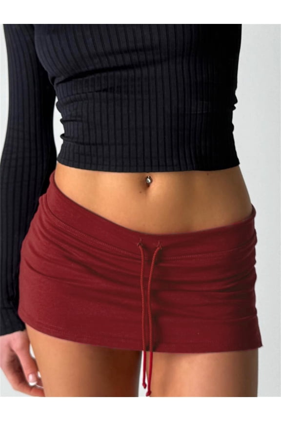 Cuteandpsycho Solid Lace-up Mini Skirts Sexy American Retro Basic Vintage Casual Short Bottoms Basic Casual A-Line Knit Clothing