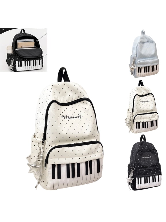 Cutecore Backpack Polka Dot Backpack Novelty Piano Pattern Y2K Casual Backpack Soft Wear Resistant Nylon Daypack With Star Charm Gift For Music Lovers Back To School Present,White