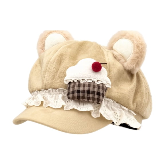 Cutecore Kawaii Cat Ears Beret Hat Y2K for Adult Women, Strawberry Cake Suede Octagonal Hat, Sweet Lolita Lace Bow Newsboy Cap Cosplay Accessory-Khaki