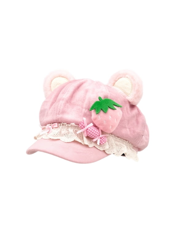Cutecore Kawaii Cat Ears Beret Hat Y2K for Adult Women, Strawberry Cake Suede Octagonal Hat, Sweet Lolita Lace Bow Newsboy Cap Cosplay Accessory-Pink
