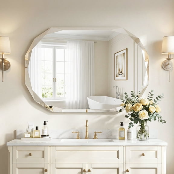 Cuteday 26x38 Inch Beveled Edge Frameless Bathroom Vanity Mirror, Wall Mount Mirror for Bathroom