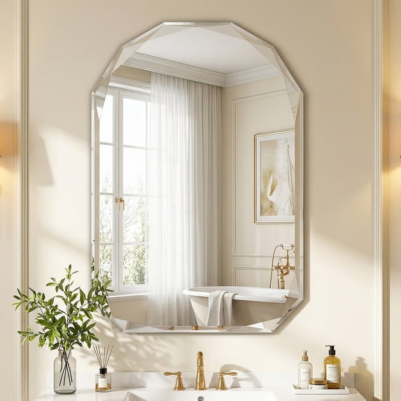 Cuteday 30x40 Inch Beveled Edge Frameless Bathroom Vanity Mirror, Wall Mount Mirror for Bathroom, Arched Decorative Mirror