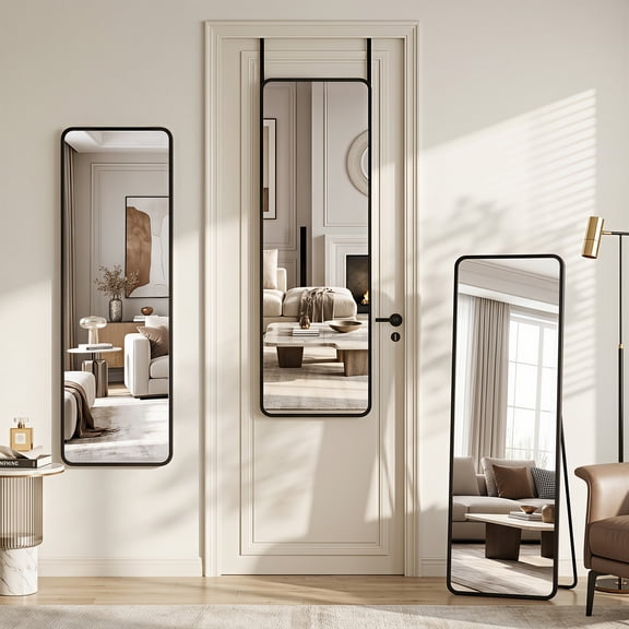 Cuteday 48"x14" Over The Door Mirror Full Length, Floor Free Standing Mirror, Wall Mounted Shatterproof Aluminum Frame Round Corner Mirror,Black