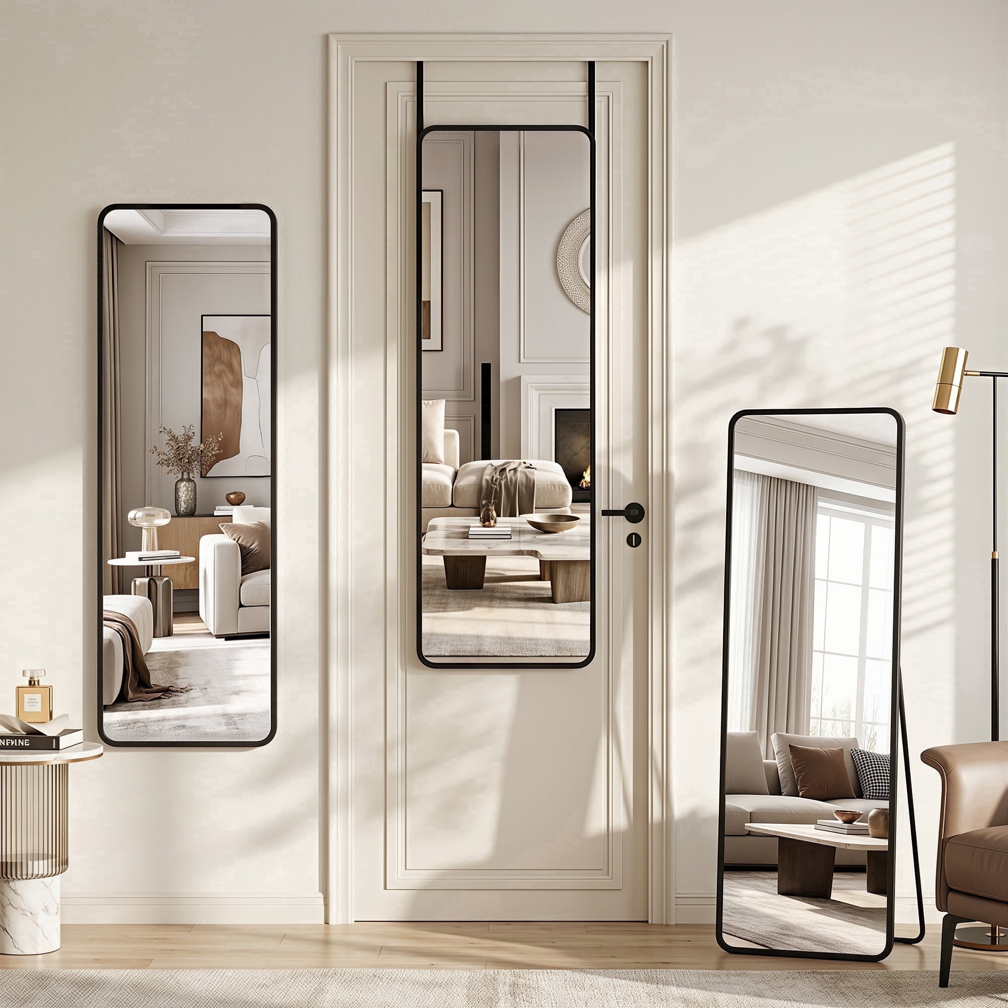 Cuteday 48"x14" Over The Door Mirror Full Length, Floor Free Standing Mirror, Wall Mounted Hanging Mirror Shatterproof Aluminum Frame Round Corner Mirror, Round Corner, Black