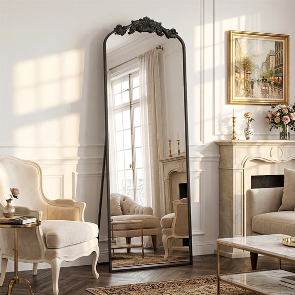 Cuteday 58"x18" Arched Full Length Mirror Metal Vintage Mirror Baroque Style,Black