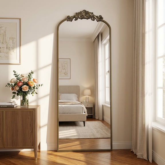 Cuteday 64"x21" Arched Full Length Mirror Metal Vintage Mirror Baroque Style,Bronze