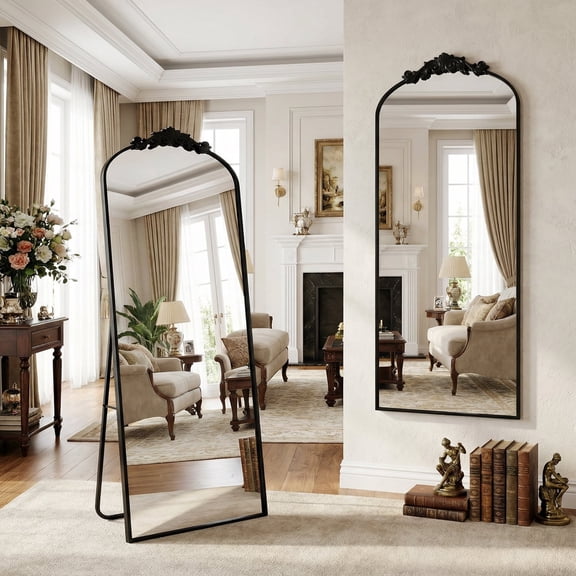 Cuteday 65"x24" Arched Full Length Mirror Metal Vintage Mirror Baroque Style,Black