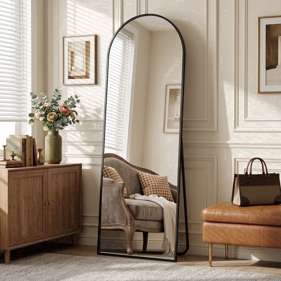 Cuteday Arched Full Length Mirror with Stand, 58"x19" Floor Standing Aluminum Frame for Bedroom,Black
