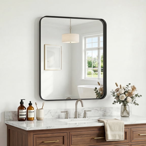 Cuteday Bathroom Mirror 22"x30" Black Metal Frame Rectangle Vanity Mirror with Rounded Corners, Modern Wall Mounted Anti-Rust Mirror for Farmhouse, Restroom, Entryway, Horizontal or Vertical Hanging