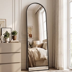Cuteday Arched Full Length Mirror with Stand, 56"x15" Floor Standing Aluminum Frame for Bedroom Body Hanging Leaning Modern Simple Home Decor,Black