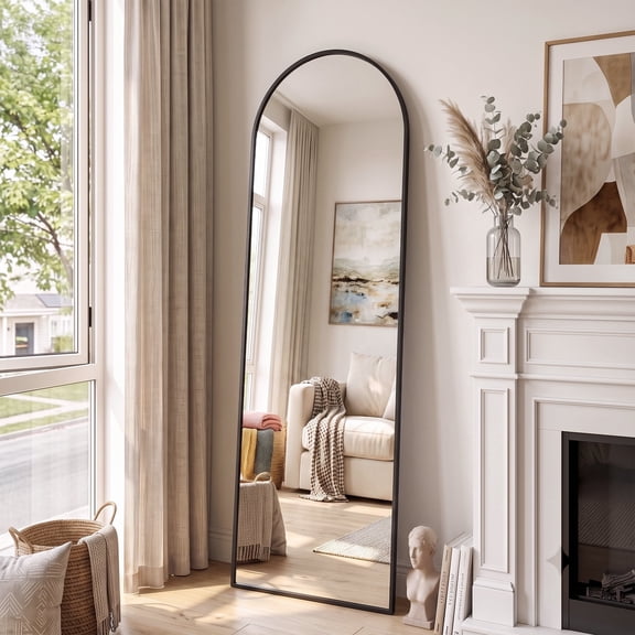 Cuteday Arched Full Length Mirror with Stand, 56"x15" Floor Standing Aluminum Frame for Bedroom Body Hanging Leaning Modern Simple Home Decor