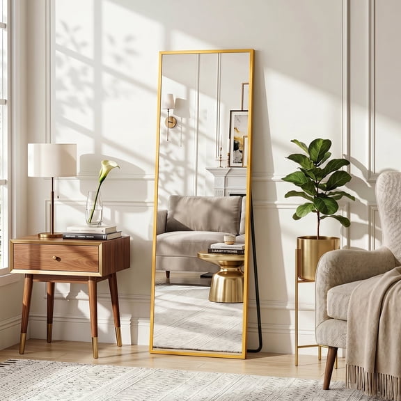 Cuteday 48"x14" Over The Door Mirror Full Length, Floor Free Standing Mirror, Wall Mounted Hanging Mirror Shatterproof Aluminum Frame Arch Mirror, Rect Corner, Gold