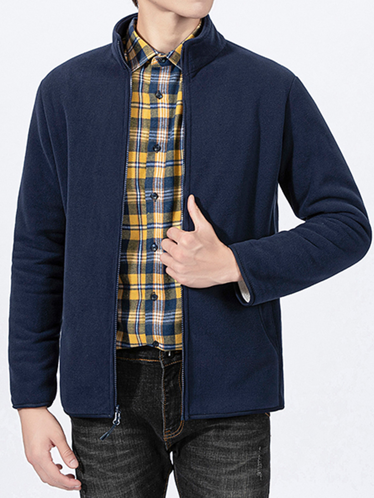 LRJTENG Men's Fleece Jackets & Coats Male Solid Color Fleece Cardigan