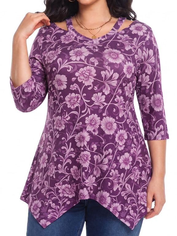 Women's Plus Size Fall Printed 3/4 Sleeve Tunic Casual V-Neck Lightweight Dressy Blouse Loose Casual Top 1X-5X