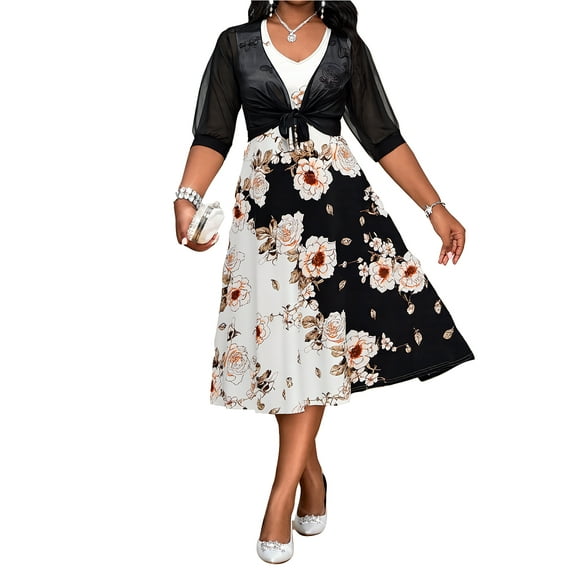 Cuteduck Plus Size Women's Dress & Shawl Set​ - V-Neck Elegant Cocktail Dress for Party & Wedding 1X-5X