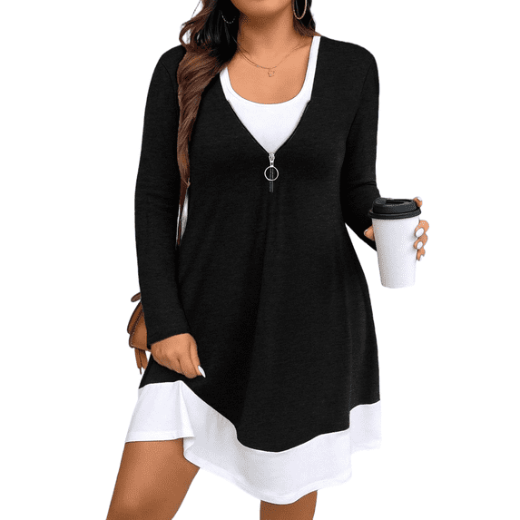 Cuteduck Plus Size Women’s Long Sleeve V-Neck Zipper Dress Autumn/Winter 1X-5X