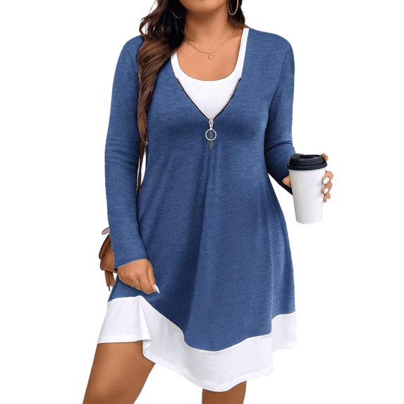 Cuteduck Plus Size Women’s Long Sleeve V-Neck Zipper Dress Autumn/Winter 1X-5X