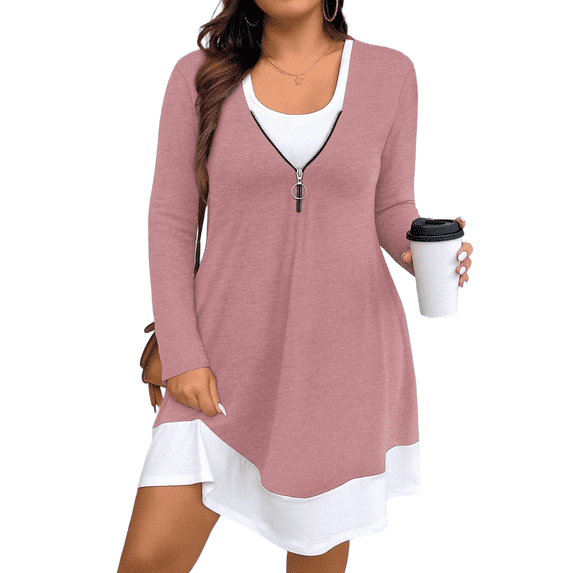 Cuteduck Plus Size Women’s Long Sleeve V-Neck Zipper Dress Autumn/Winter 1X-5X