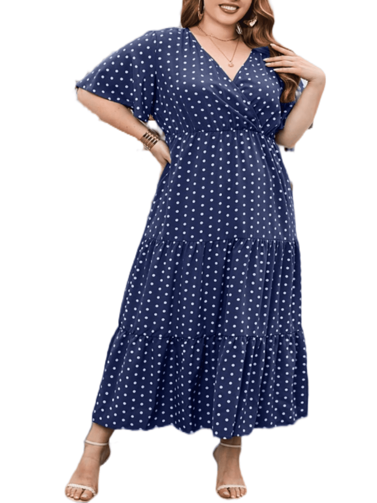 CUTEDUCK Plus Size Women's Polka Dot Short Sleeve Dress, V-Neck Casual A-Line Pleated Midi Dress 1X-8X