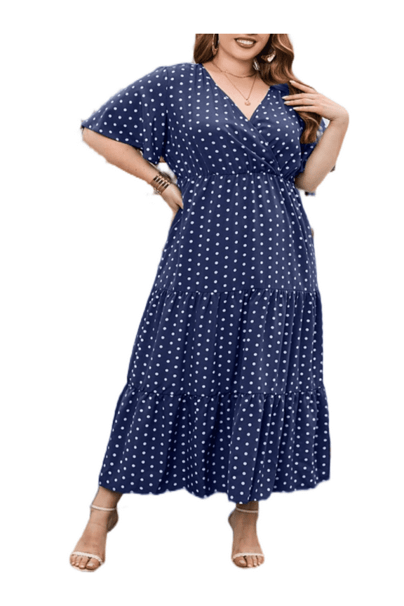 Plus Size Women's Polka Dot Short Sleeve Dress, V-Neck Casual A-Line Pleated Midi Dress 1X-8X