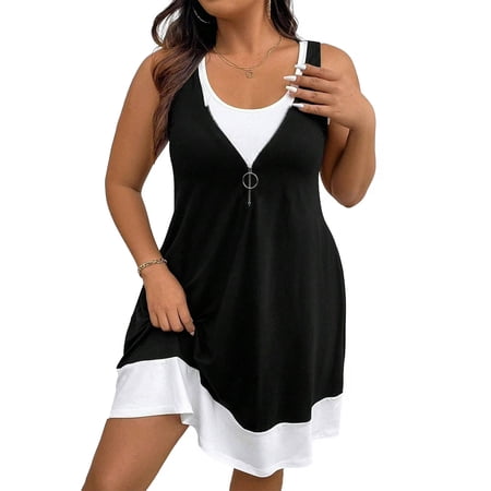 Cuteduck Women Plus Size Summer Dress Casual Sleeveless V-Neck Zipper Dress Loose Fit Tank Dresses Spring/Summer 1X-5X