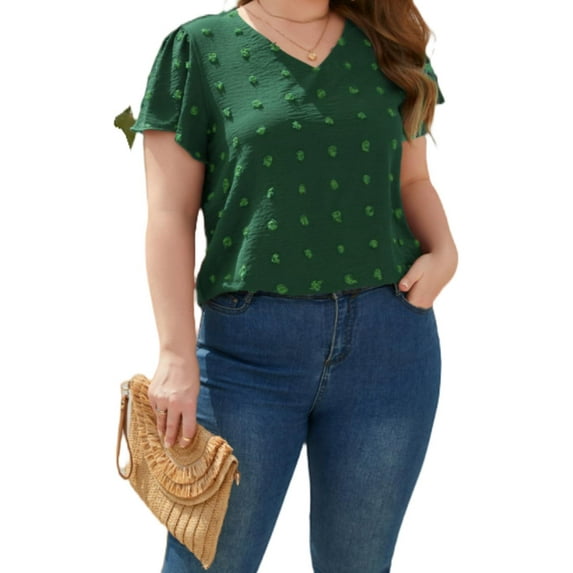 Cuteduck Plus Size Women's Tops V Neck Flutter Sleeve, Summer Casual Loose T-Shirt 1X-4X