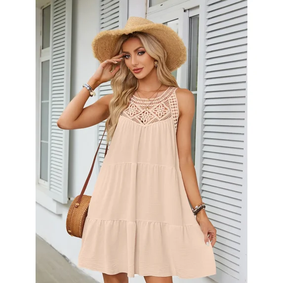 Cuteduck Summer Dresses 2024 Casual Halter Sleeveless Flowy Mini Dress Tiered Pleated Beach Sundress, S-2XL