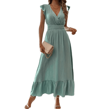 Musefolio Summer Women's Casual Dress V Neck Wrap Ruffle Short Sleeve Flowy High Waist Slim S-2XL