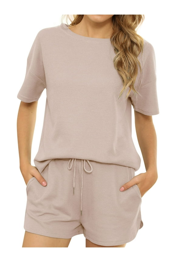 Waffle Knit Lounge For Women Two Piece Outfits Short Sleeve Top and Shorts Pajama Sets Tracksuit Sweatsuits S-XXL