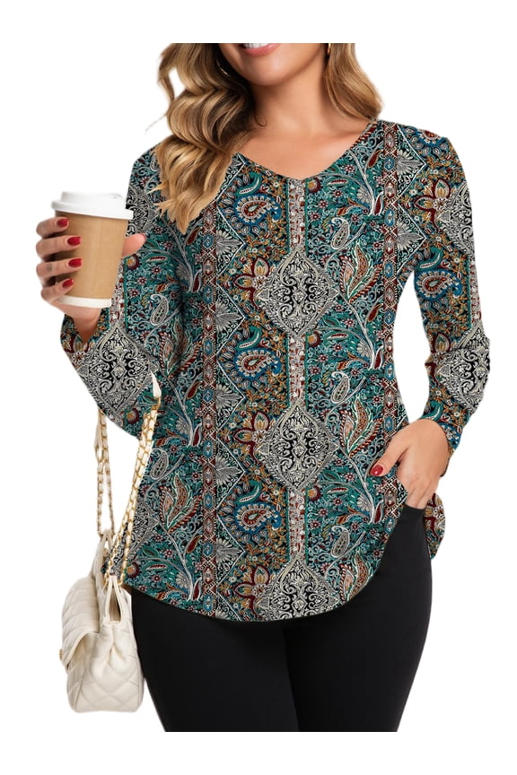 Women Boho Printed Blouse Casual V-Neck Long Sleeve Fall Floral Dressy Top S-2XL